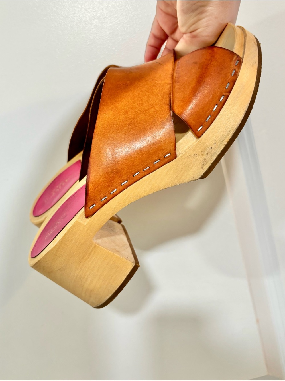 Swedish Hasbeens Anette High Tan Crossband Leather Clogs - Picture 10 of 16